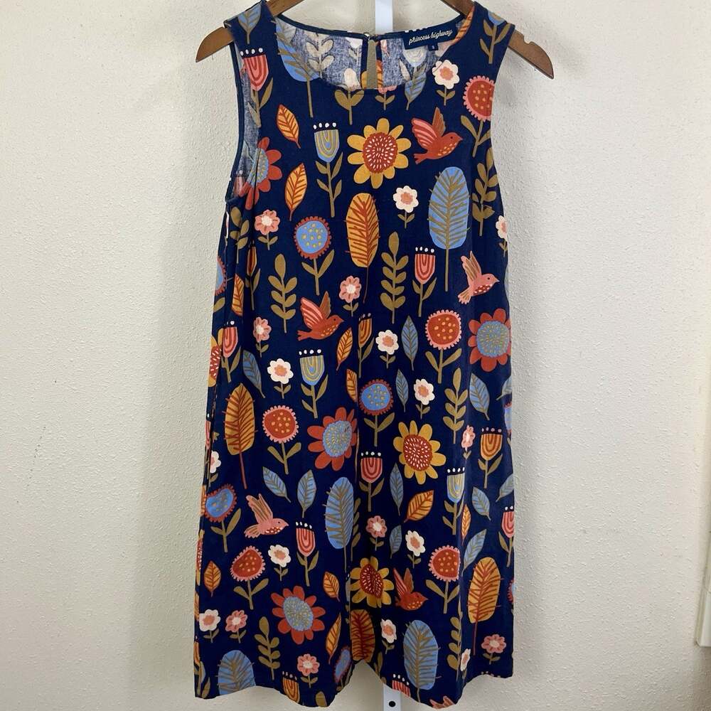 Princess Highway Shift Dress Womens US 4 Linen Cotton Floral Bird Print Navy